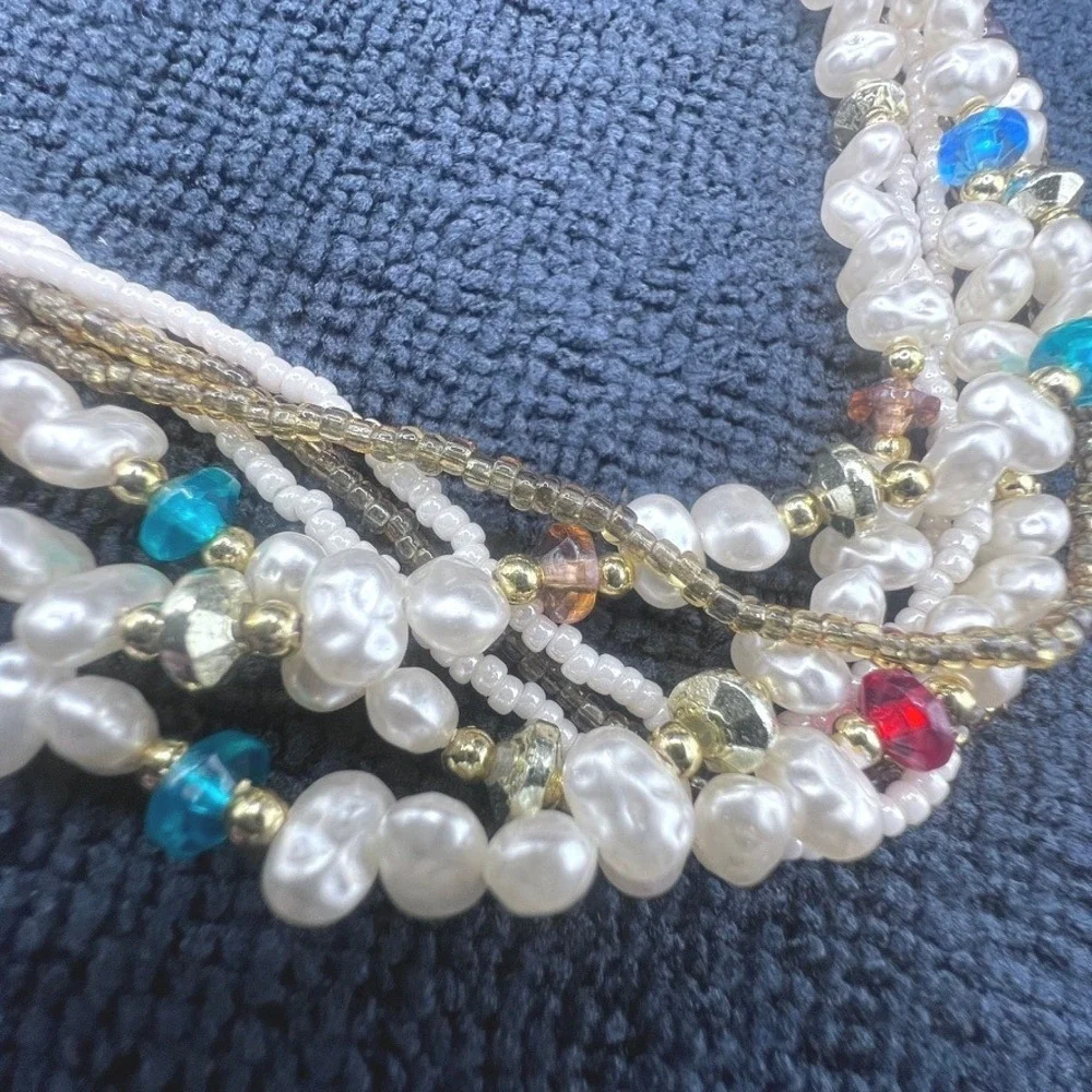 Vtg 7 Strand Necklace Faux Baroque and Seed Pearls Acrylic Gold Tone Accents 25
